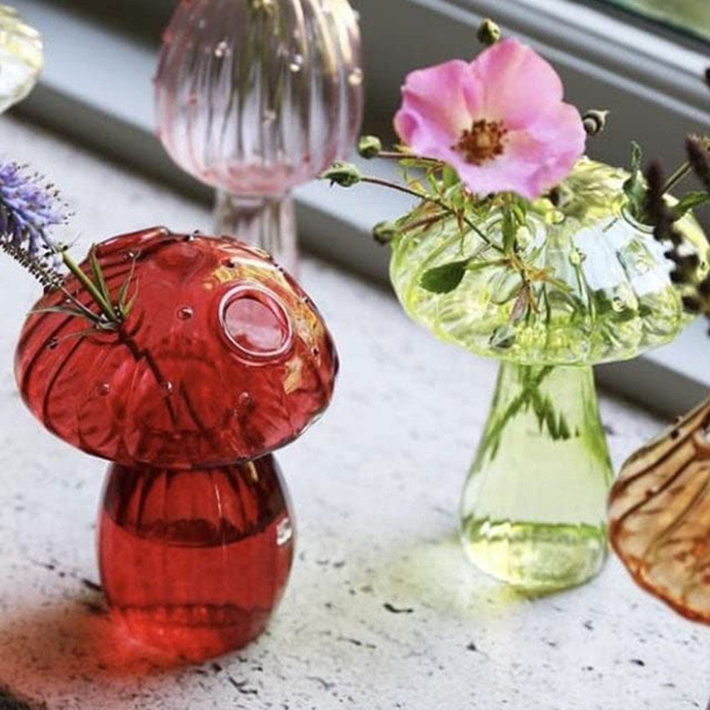 2 X Green Red Mushroom Shaped Glass Vase Aromatherapy Bottle Hydroponic Plant Flower Pot