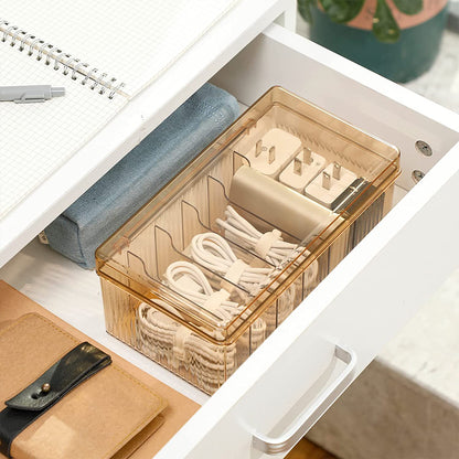 6 Compartments Data Cable Management Box Power Cord Organizer Box Charger Storage Box with Lid -Brown