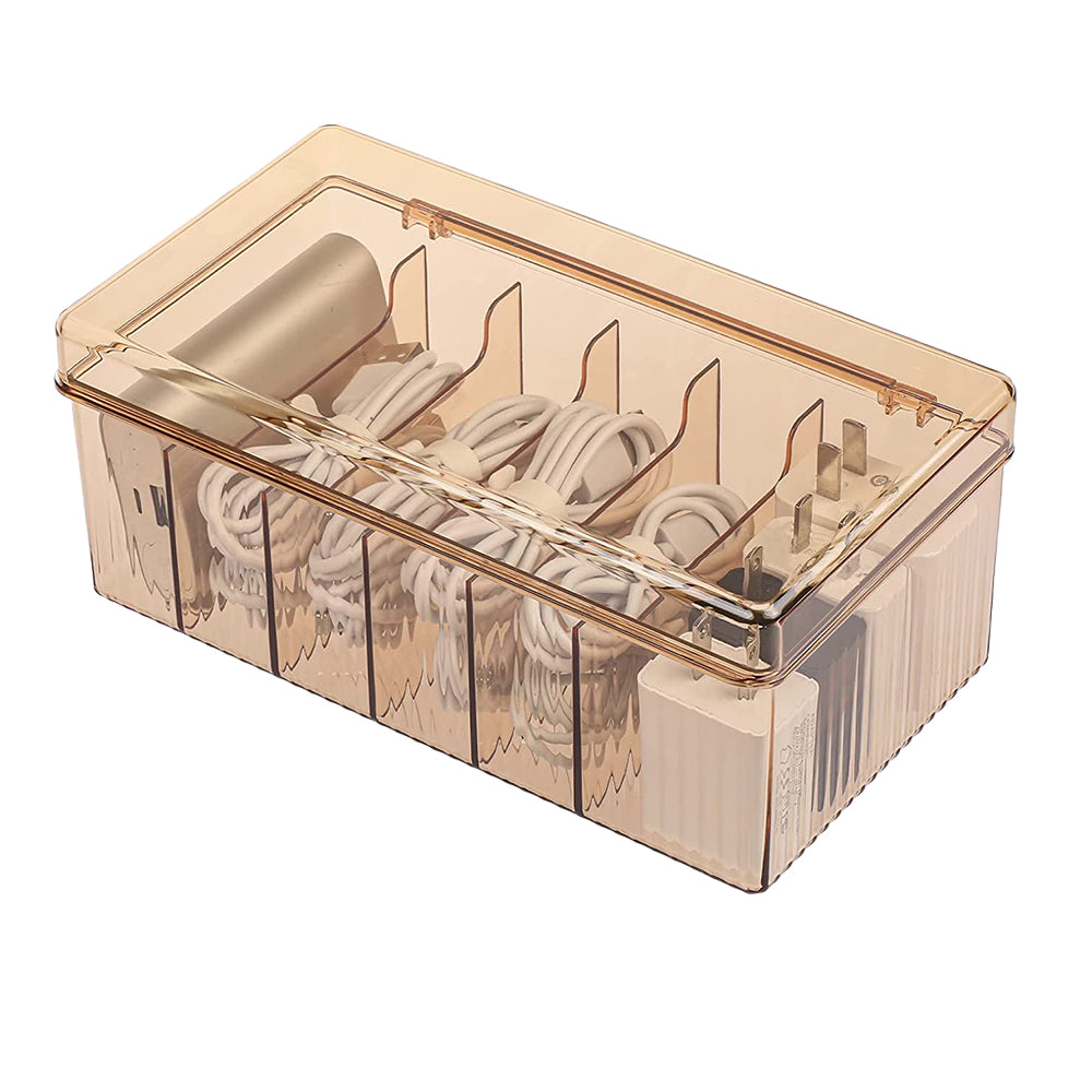 6 Compartments Data Cable Management Box Power Cord Organizer Box Charger Storage Box with Lid -Brown