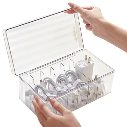 6 Compartments Data Cable Management Box Power Cord Organizer Box Charger Storage Box with Lid -Neutral