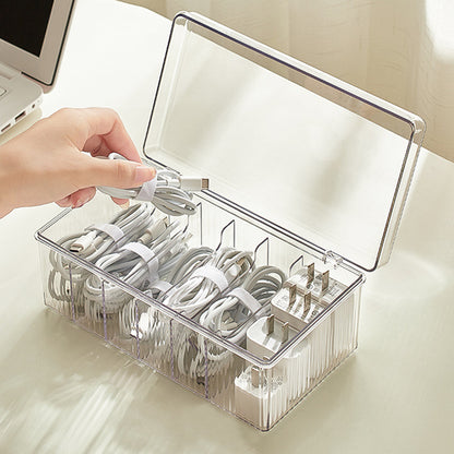 6 Compartments Data Cable Management Box Power Cord Organizer Box Charger Storage Box with Lid -Neutral