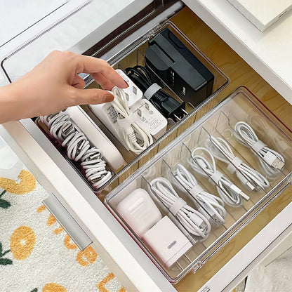 6 Compartments Data Cable Management Box Power Cord Organizer Box Charger Storage Box with Lid -Neutral