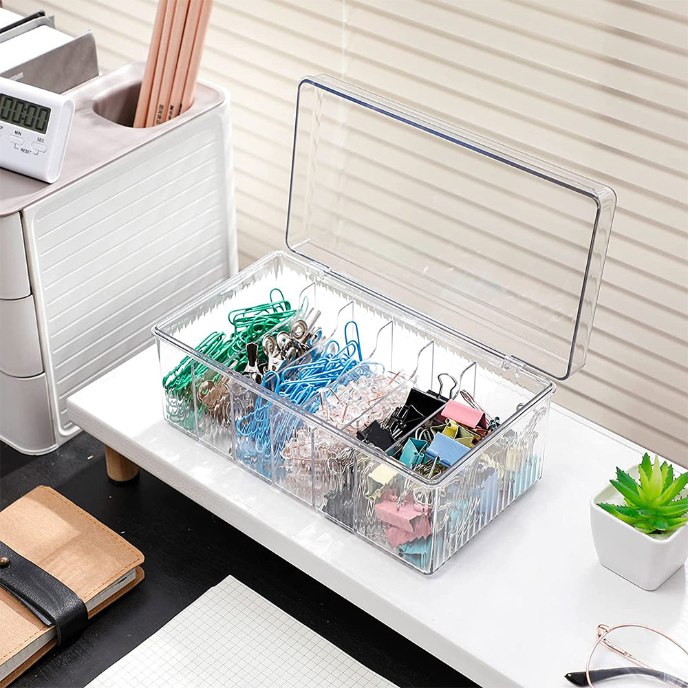 6 Compartments Data Cable Management Box Power Cord Organizer Box Charger Storage Box with Lid -Neutral