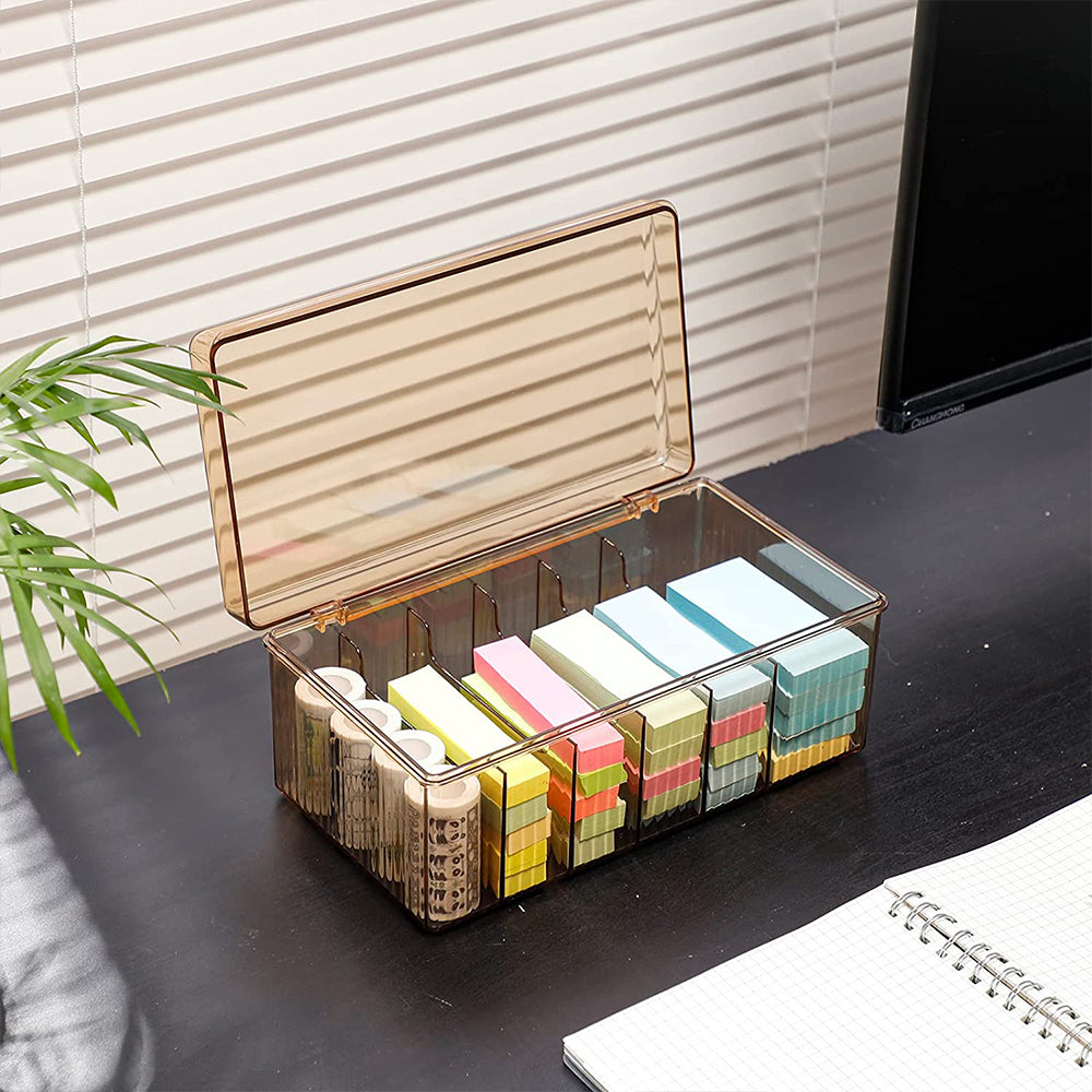 6 Compartments Data Cable Management Box Power Cord Organizer Box Charger Storage Box with Lid -Brown