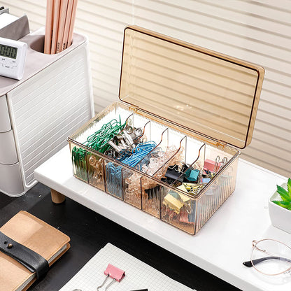 6 Compartments Data Cable Management Box Power Cord Organizer Box Charger Storage Box with Lid -Brown