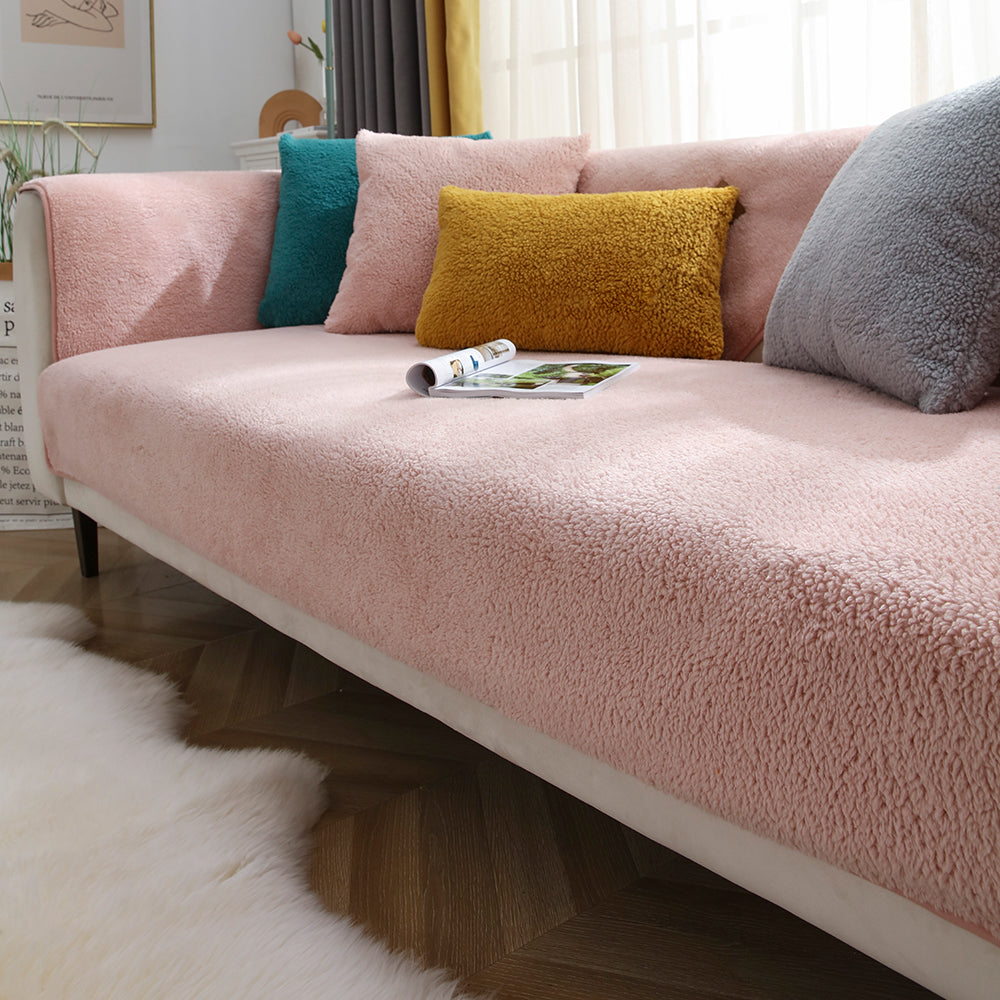 Sofa Cover Plush Sofa Cover Couch Cover Anti-slip Sofa Slipcover Furniture Protective Cover-Pink