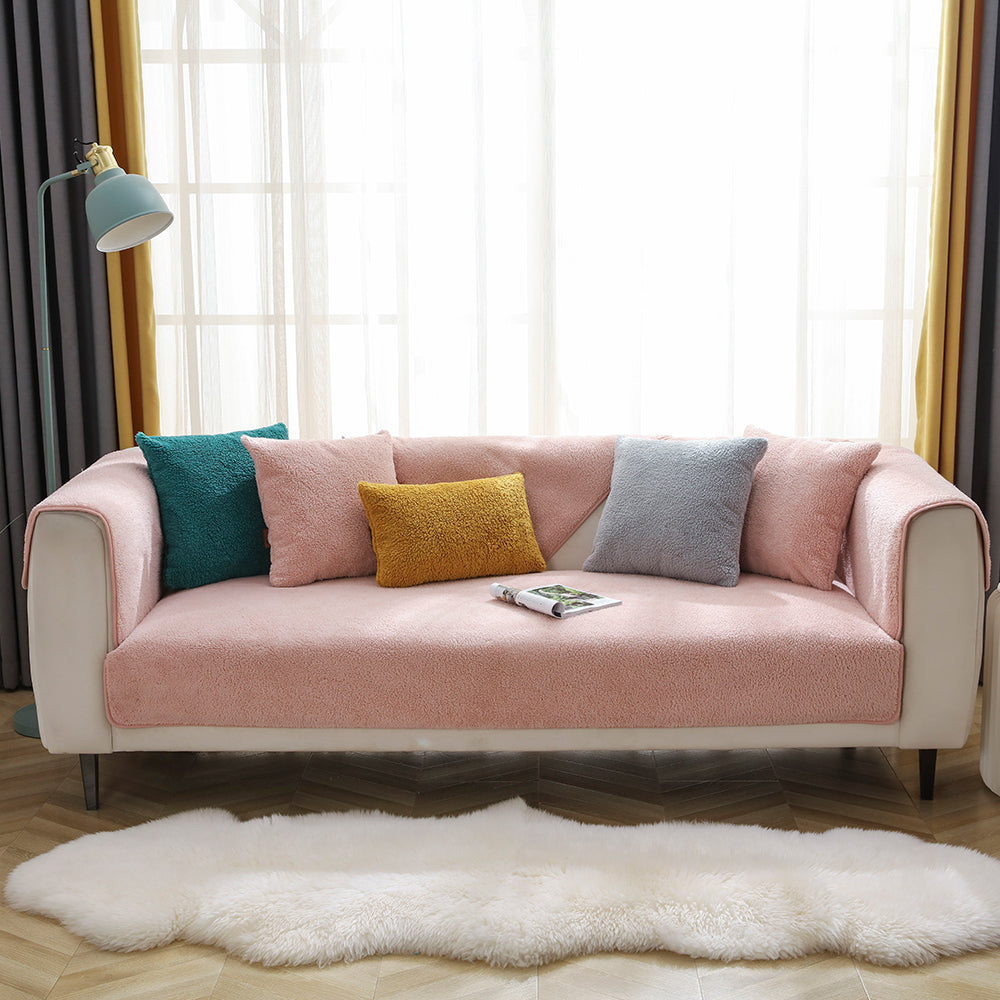 Sofa Cover Plush Sofa Cover Couch Cover Anti-slip Sofa Slipcover Furniture Protective Cover-Pink