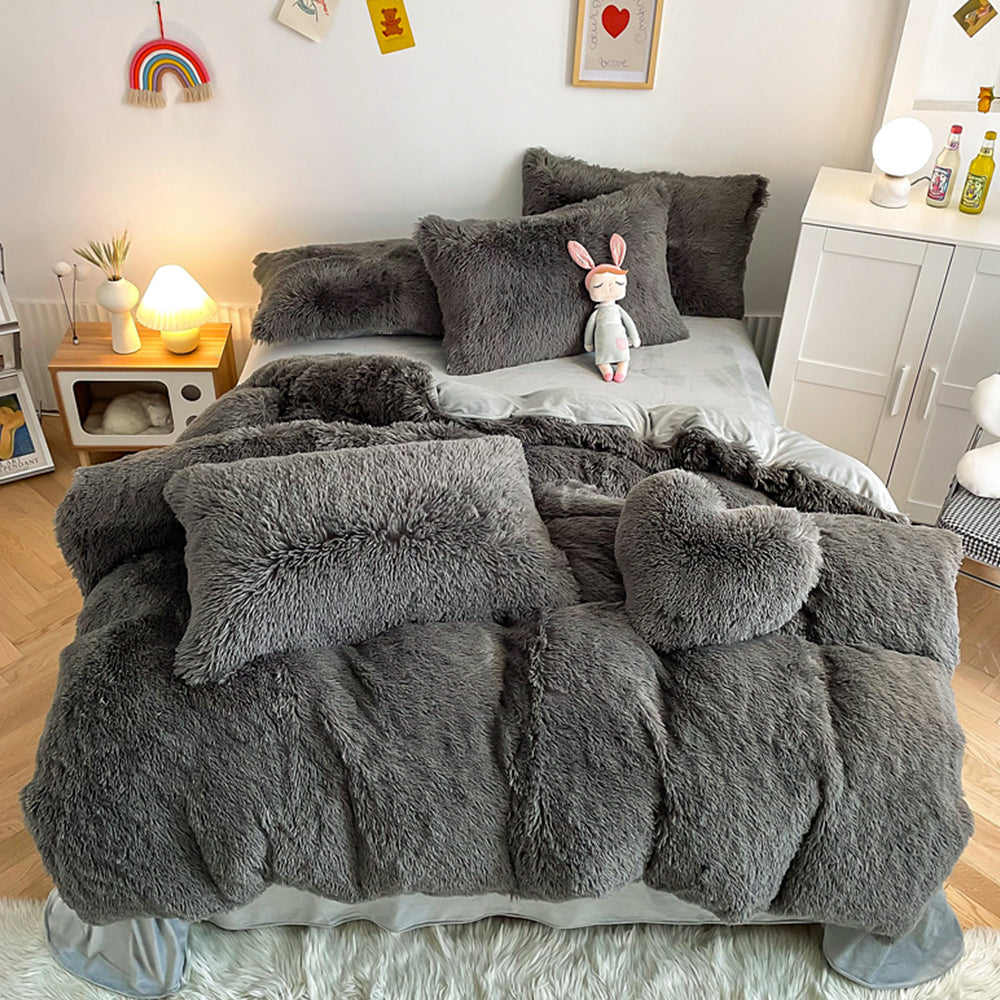 Plush Duvet Cover Set Soft Fluffy Quilt Cover Warm Durable Bedding Set -Grey
