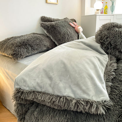 Plush Duvet Cover Set Soft Fluffy Quilt Cover Warm Durable Bedding Set -Grey