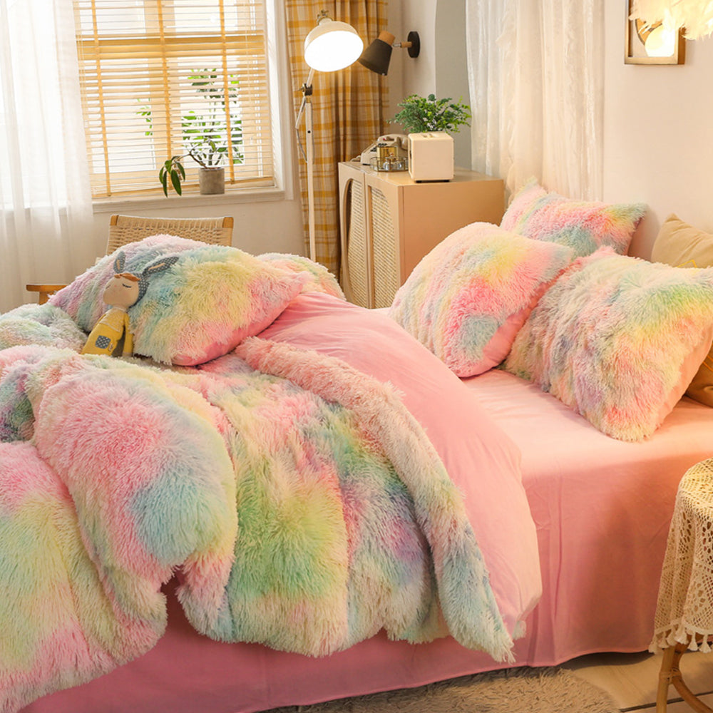 Plush Duvet Cover Set Soft Fluffy Quilt Cover Warm Durable Bedding Set -Rainbow