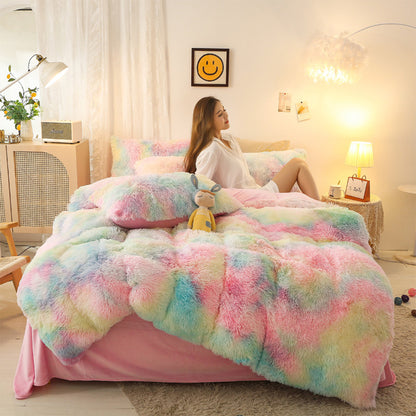 Plush Duvet Cover Set Soft Fluffy Quilt Cover Warm Durable Bedding Set -Rainbow