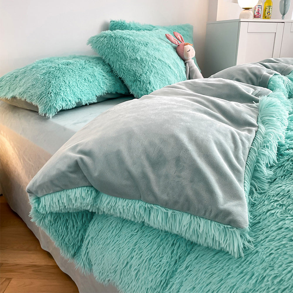 Plush Duvet Cover Set Soft Fluffy Quilt Cover Warm Durable Bedding Set -Blue