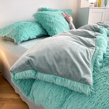 Plush Duvet Cover Set Soft Fluffy Quilt Cover Warm Durable Bedding Set -Blue