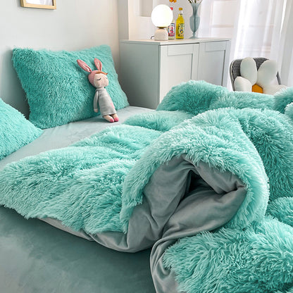 Plush Duvet Cover Set Soft Fluffy Quilt Cover Warm Durable Bedding Set -Blue