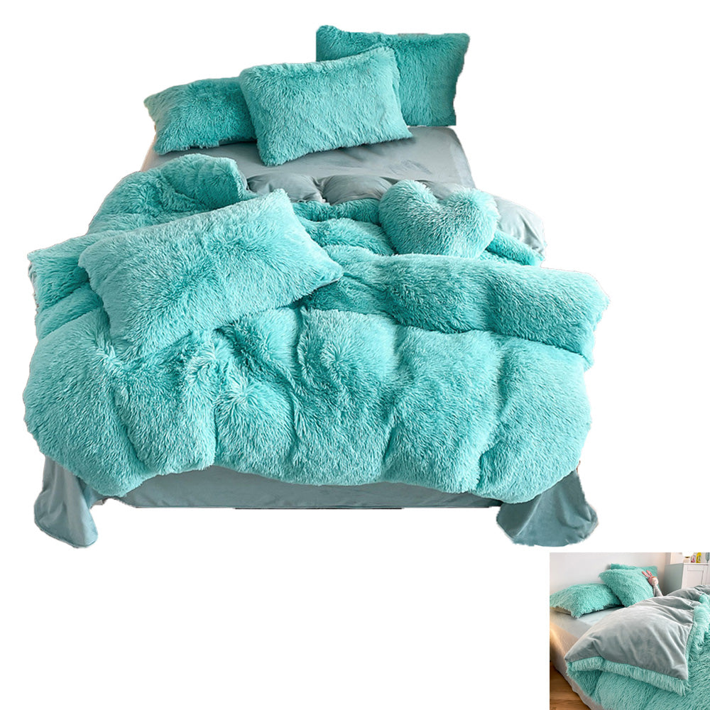 Plush Duvet Cover Set Soft Fluffy Quilt Cover Warm Durable Bedding Set -Blue