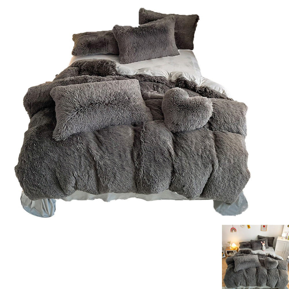 Plush Duvet Cover Set Soft Fluffy Quilt Cover Warm Durable Bedding Set -Grey