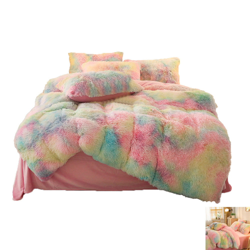 Plush Duvet Cover Set Soft Fluffy Quilt Cover Warm Durable Bedding Set -Rainbow