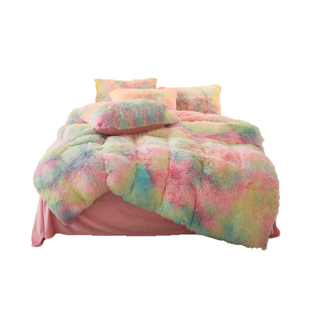 Plush Duvet Cover Set Soft Fluffy Quilt Cover Warm Durable Bedding Set -Rainbow