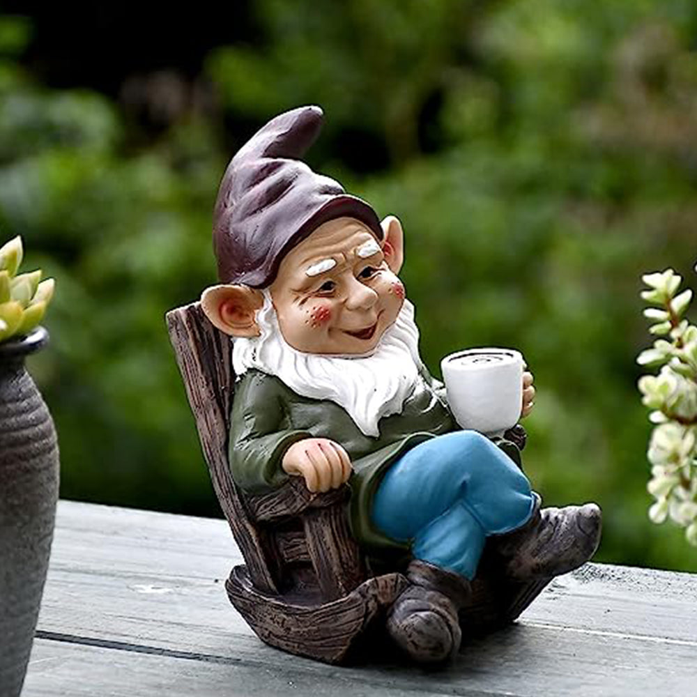 Drinking Coffee Garden Gnome Statue Decoration Figurine Ornament for Indoor Outdoor Decor