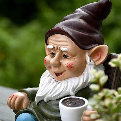 Drinking Coffee Garden Gnome Statue Decoration Figurine Ornament for Indoor Outdoor Decor
