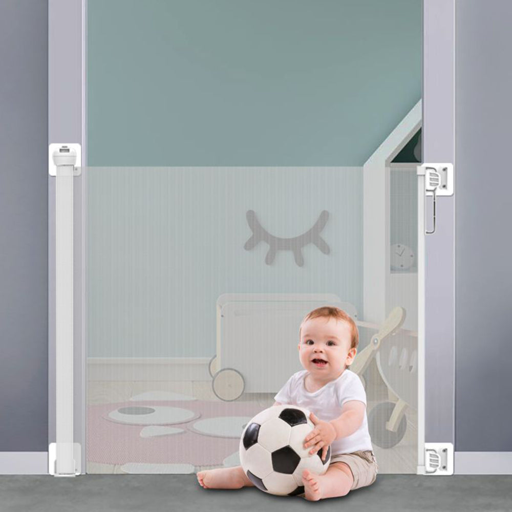 Retractable Safety Fence Mesh Stairs Gate Pets Barrier for Dog Cat Baby Grey