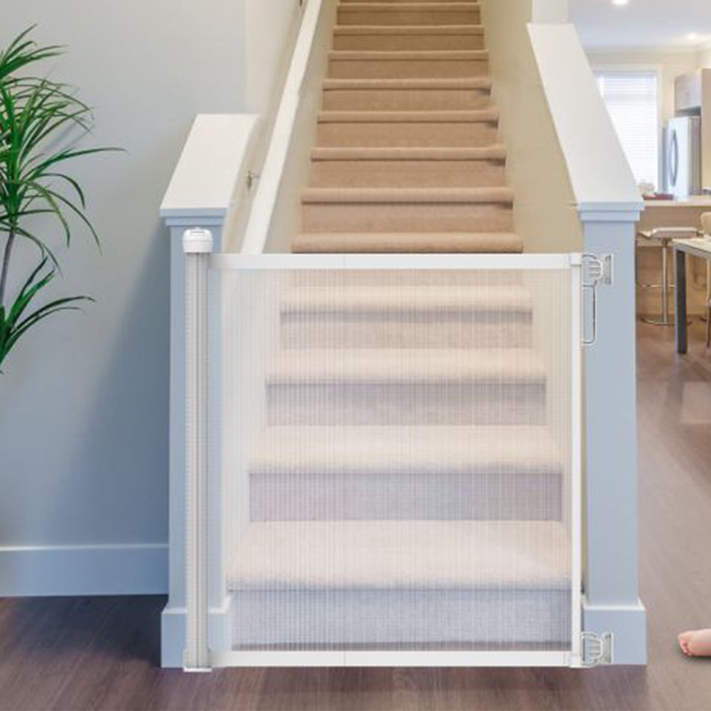 Retractable Safety Fence Mesh Stairs Gate Pets Barrier for Dog Cat Baby White