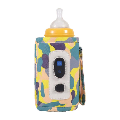 USB Powered Digital Display Baby Milk Bottle Warmer Thermostat Portable Travel Milk Feeding Heater Bag Pouch Camo Yellow