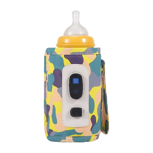 USB Powered Digital Display Baby Milk Bottle Warmer Thermostat Portable Travel Milk Feeding Heater Bag Pouch Camo Yellow