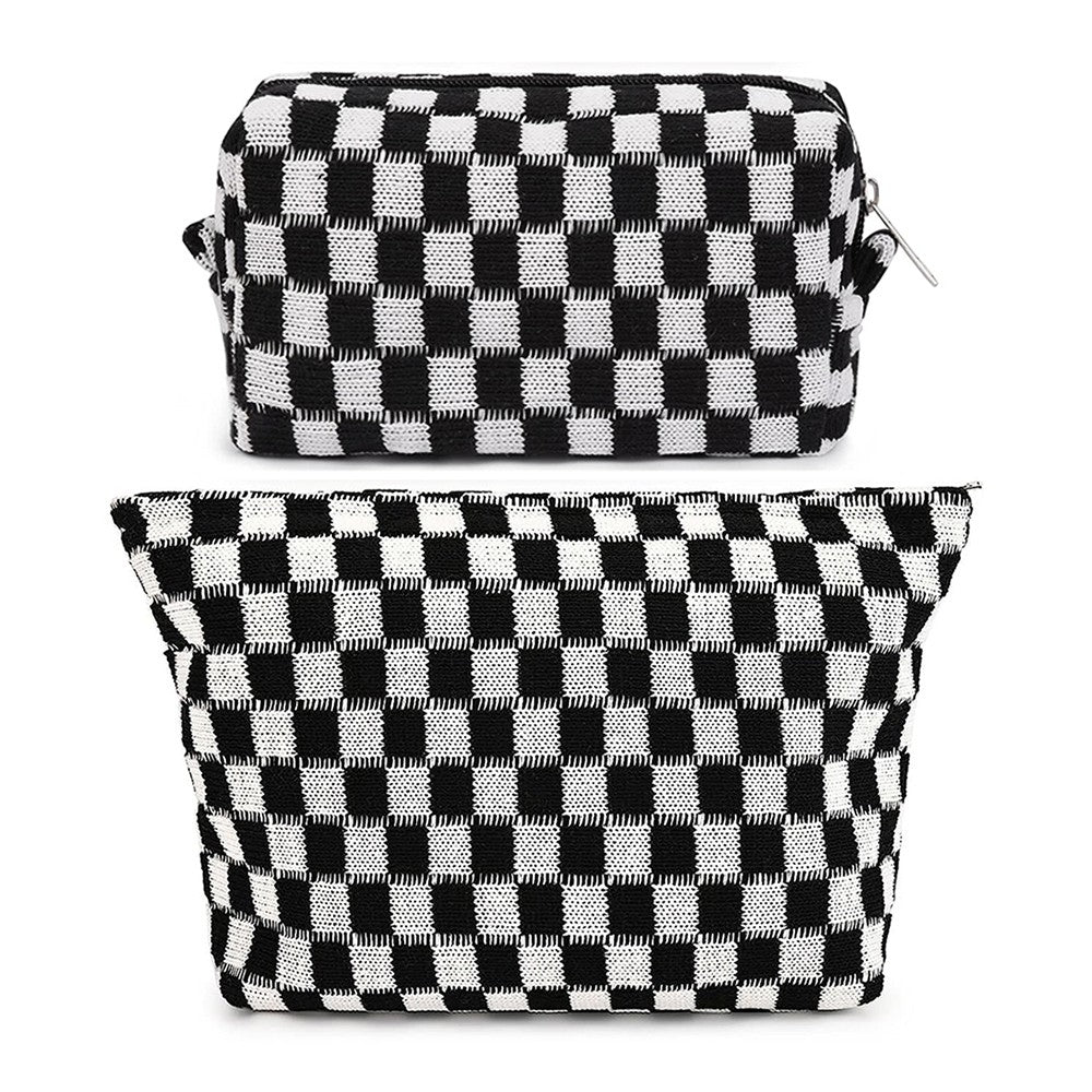 2Pcs Checkered Makeup Bags Travel Toiletry Bag Organizer Makeup Storage Bags Black