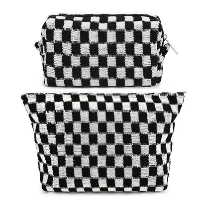 2Pcs Checkered Makeup Bags Travel Toiletry Bag Organizer Makeup Storage Bags Black