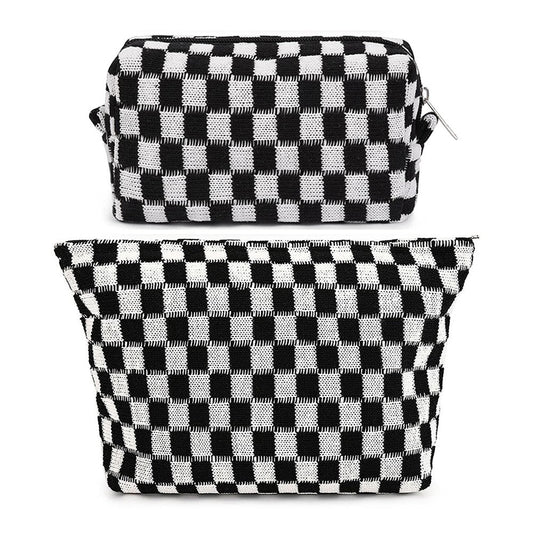 2Pcs Checkered Makeup Bags Travel Toiletry Bag Organizer Makeup Storage Bags Black