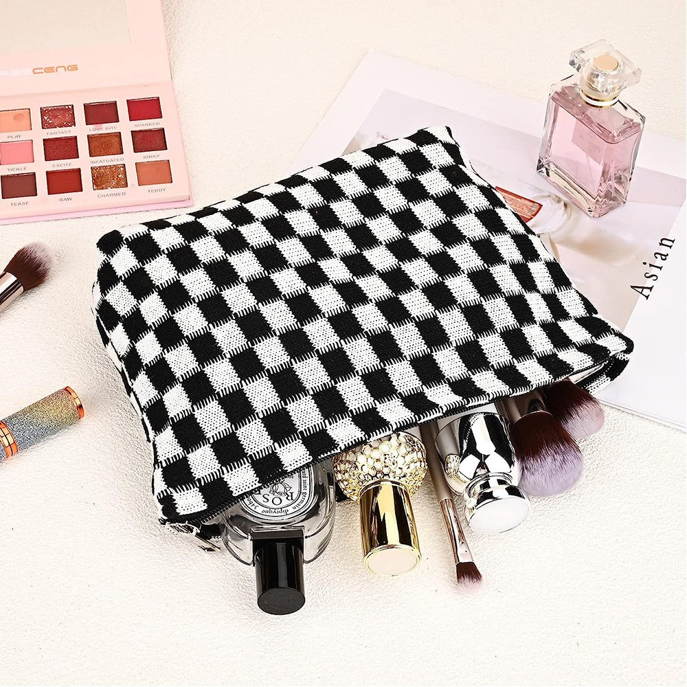 2Pcs Checkered Makeup Bags Travel Toiletry Bag Organizer Makeup Storage Bags Black