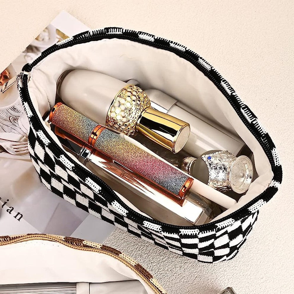 2Pcs Checkered Makeup Bags Travel Toiletry Bag Organizer Makeup Storage Bags Black