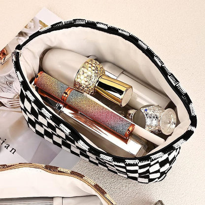 2Pcs Checkered Makeup Bags Travel Toiletry Bag Organizer Makeup Storage Bags Black