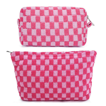 2Pcs Checkered Makeup Bags Travel Toiletry Bag Organizer Makeup Storage Bags Pink