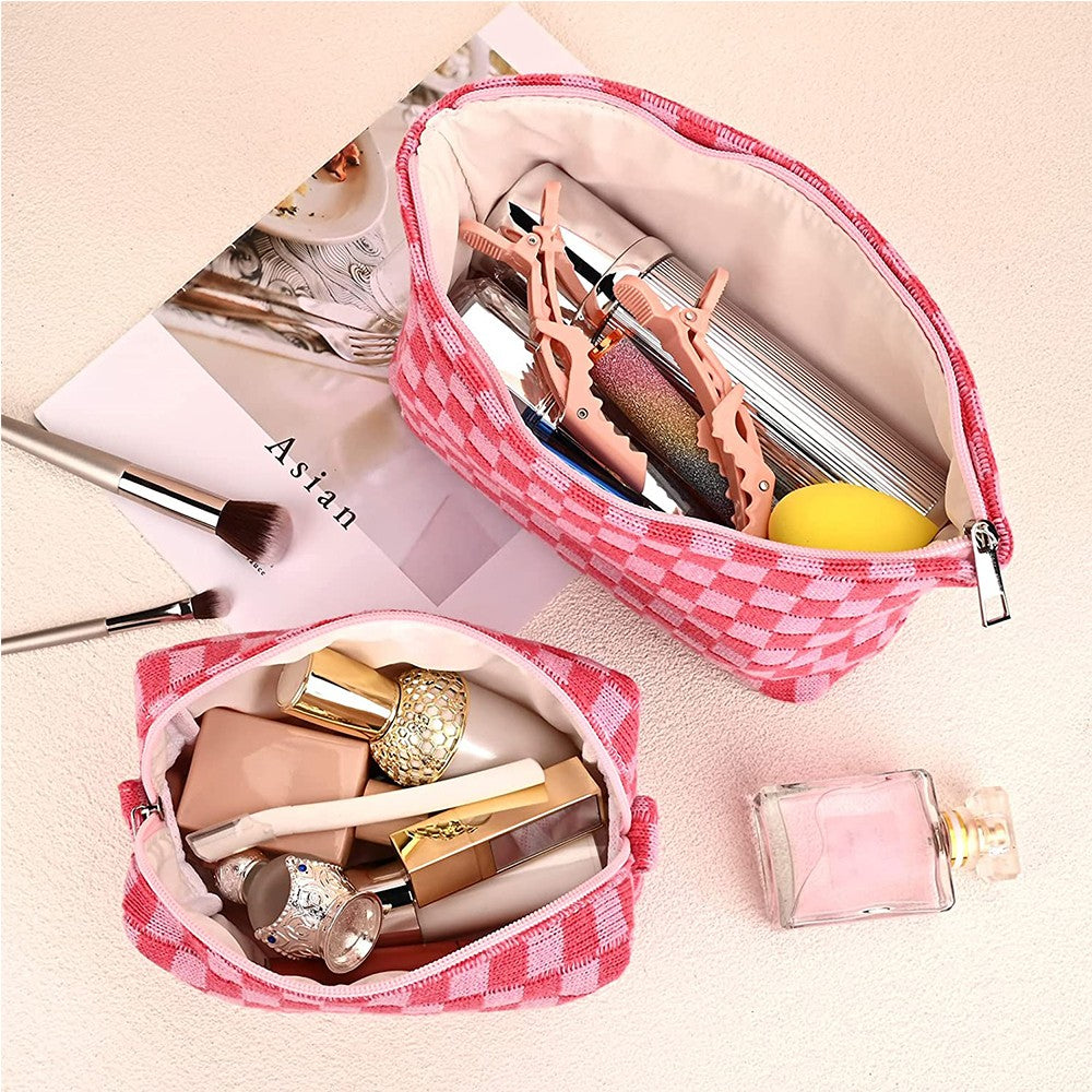 2Pcs Checkered Makeup Bags Travel Toiletry Bag Organizer Makeup Storage Bags Pink