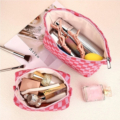 2Pcs Checkered Makeup Bags Travel Toiletry Bag Organizer Makeup Storage Bags Pink
