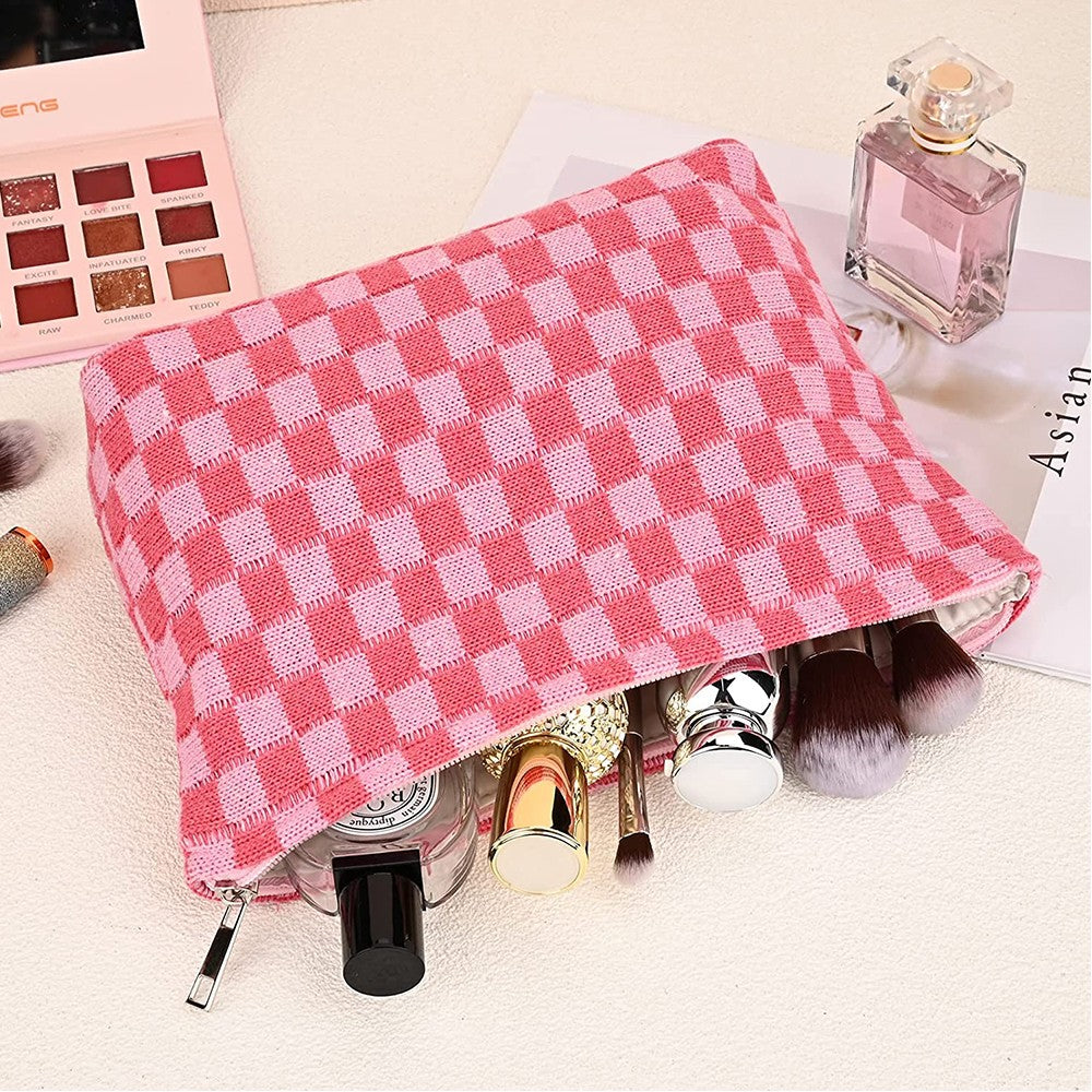 2Pcs Checkered Makeup Bags Travel Toiletry Bag Organizer Makeup Storage Bags Pink