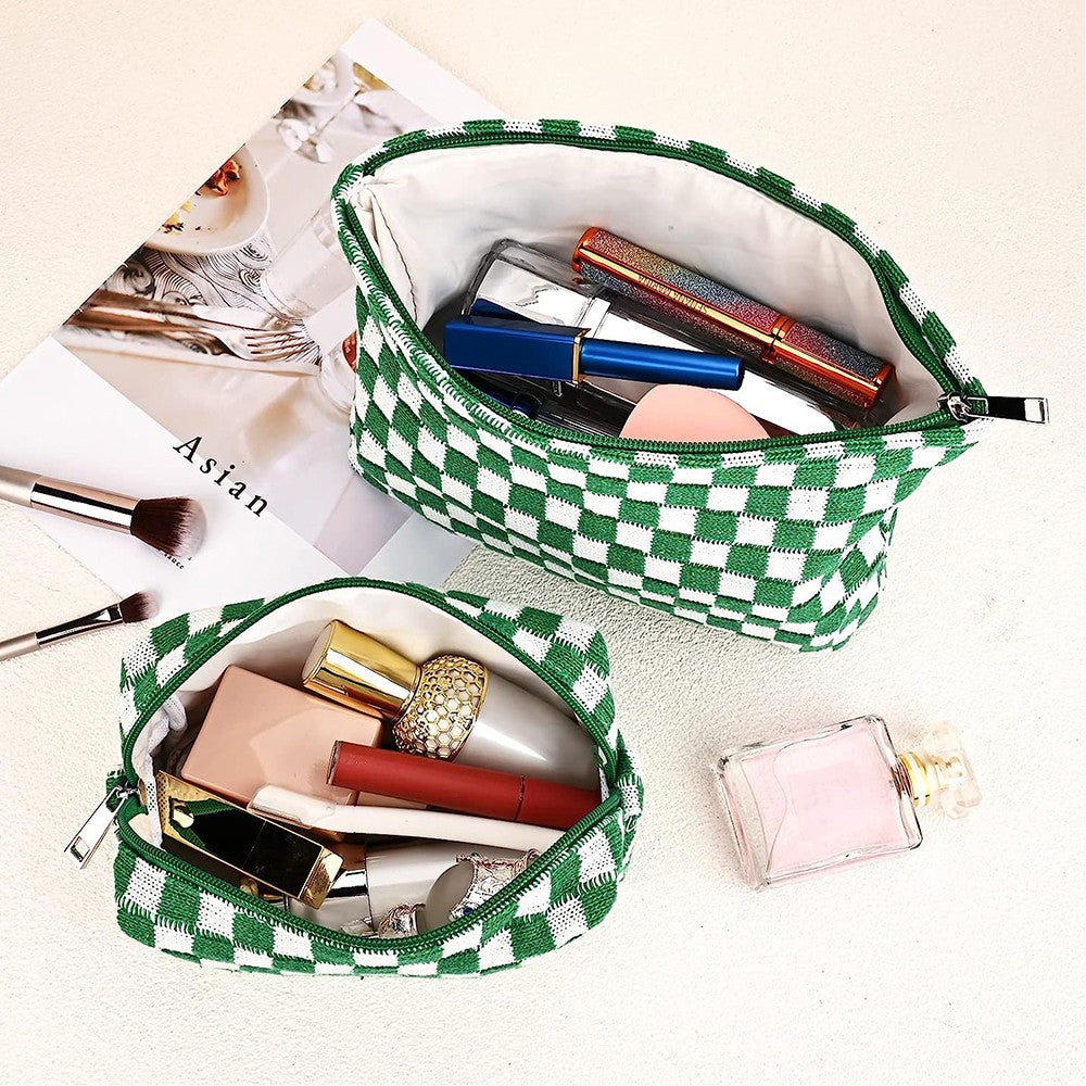 2Pcs Checkered Makeup Bags Travel Toiletry Bag Organizer Makeup Storage Bags Green