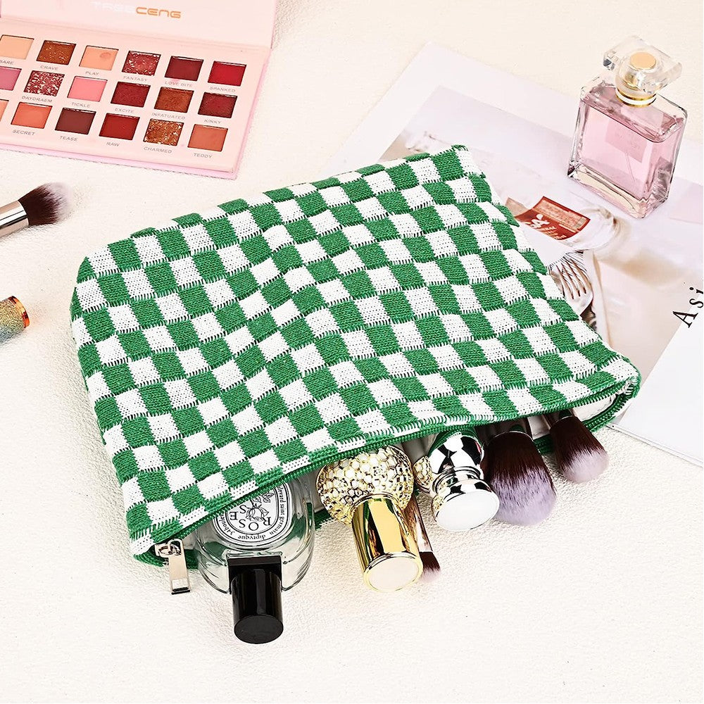 2Pcs Checkered Makeup Bags Travel Toiletry Bag Organizer Makeup Storage Bags Green