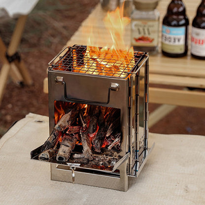 Foldable Wood Burning Camping Stove Portable Backpacking Stove with Grid Rack for Outdoor Cooking Picnic