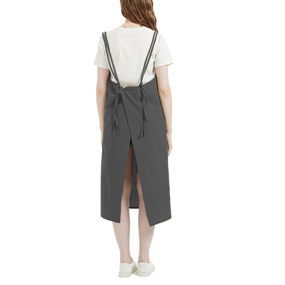 Solid Color Long Apron Cotton Suspender Apron with Pockets for Kitchen Garden Shop Dark Gray