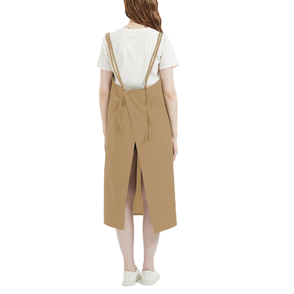 Solid Color Long Apron Cotton Suspender Apron with Pockets for Kitchen Garden Shop Yellow