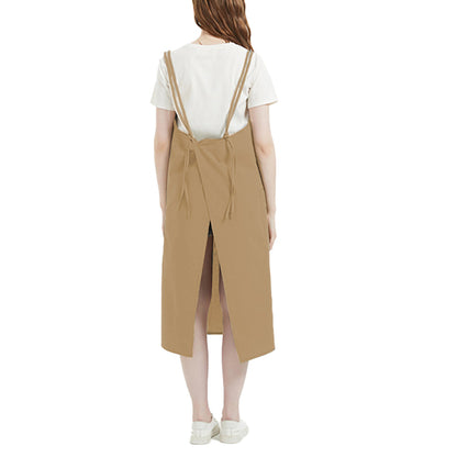 Solid Color Long Apron Cotton Suspender Apron with Pockets for Kitchen Garden Shop Yellow