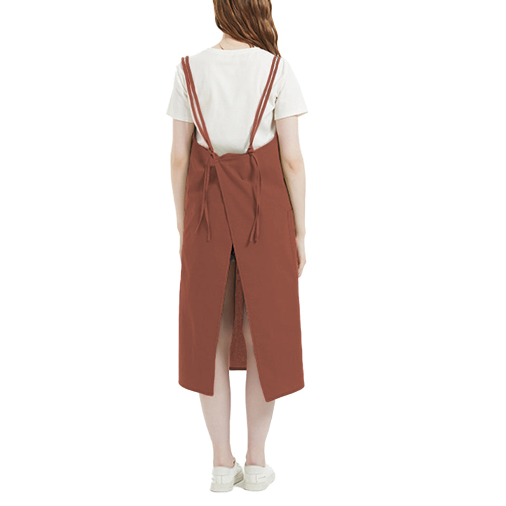 Solid Color Long Apron Cotton Suspender Apron with Pockets for Kitchen Garden Shop Red