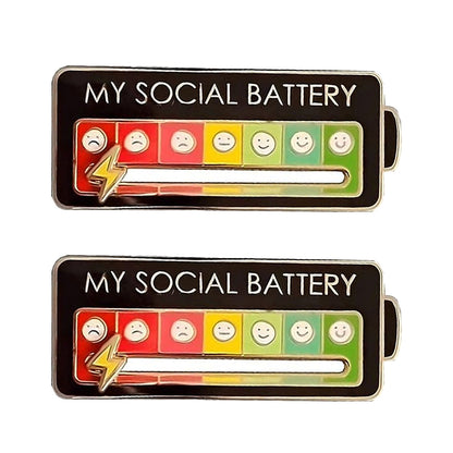2Pcs My Social Battery Mood Brooch Pin Funny Interactive Badge Lape Pin Black Battery Style