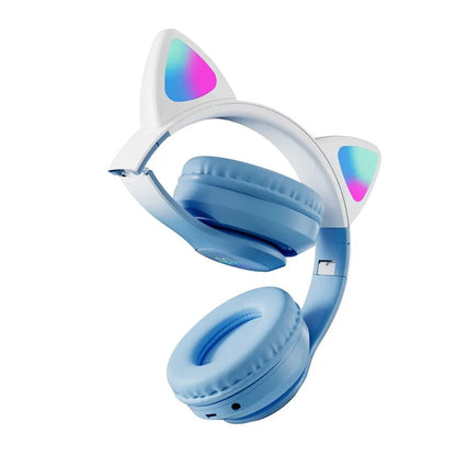 Foldable Wireless Bluetooth 5.3 Headphones LED Illuminated Cat Ear 3D Stereo Headset Sky Blue