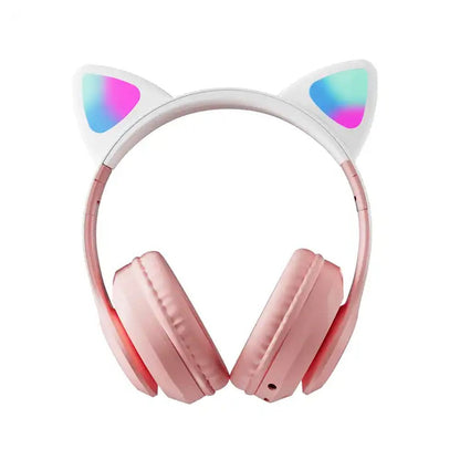 Foldable Wireless Bluetooth 5.3 Headphones LED Illuminated Cat Ear 3D Stereo Headset Pink