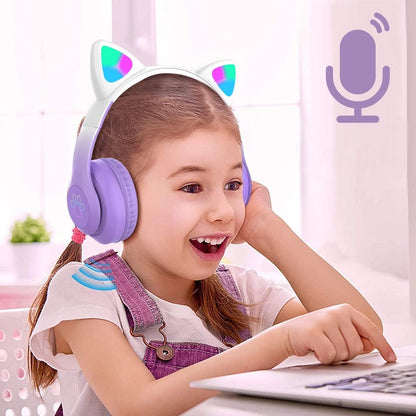 Foldable Wireless Bluetooth 5.3 Headphones LED Illuminated Cat Ear 3D Stereo Headset Purple