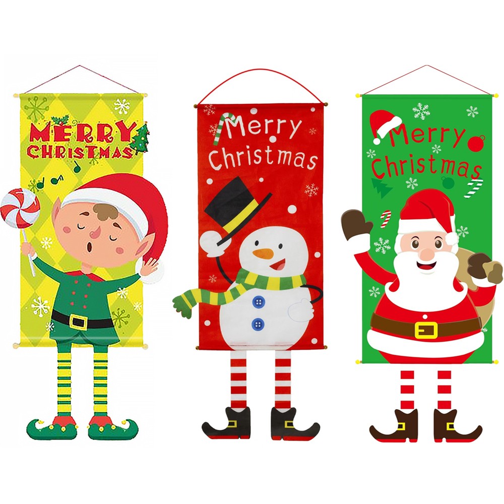 3 Set Merry Christmas Fabric Flag Xmas Door Porch Hanging Decoration